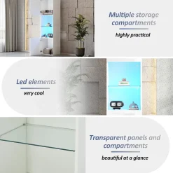 Vitrine, Armoire Vitrine Haute avec Éclairage LED et Télécommande, Portes Vitrées et 1 Étagère en Verre, 45x35x160 cm, Blanc