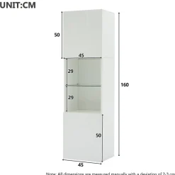 Vitrine, Armoire Vitrine Haute avec Éclairage LED et Télécommande, Portes Vitrées et 1 Étagère en Verre, 45x35x160 cm, Blanc
