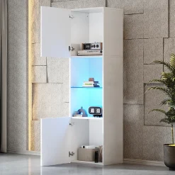 Vitrine, Armoire Vitrine Haute avec Éclairage LED et Télécommande, Portes Vitrées et 1 Étagère en Verre, 45x35x160 cm, Blanc
