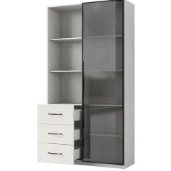 Vitrine avec éclairage LED - 1 porte en verre trempé - 3 tiroirs et 3 étagères ouvertes - Structure en aluminium - Blanc