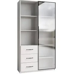 Vitrine avec éclairage LED - 1 porte en verre trempé - 3 tiroirs et 3 étagères ouvertes - Structure en aluminium - Blanc