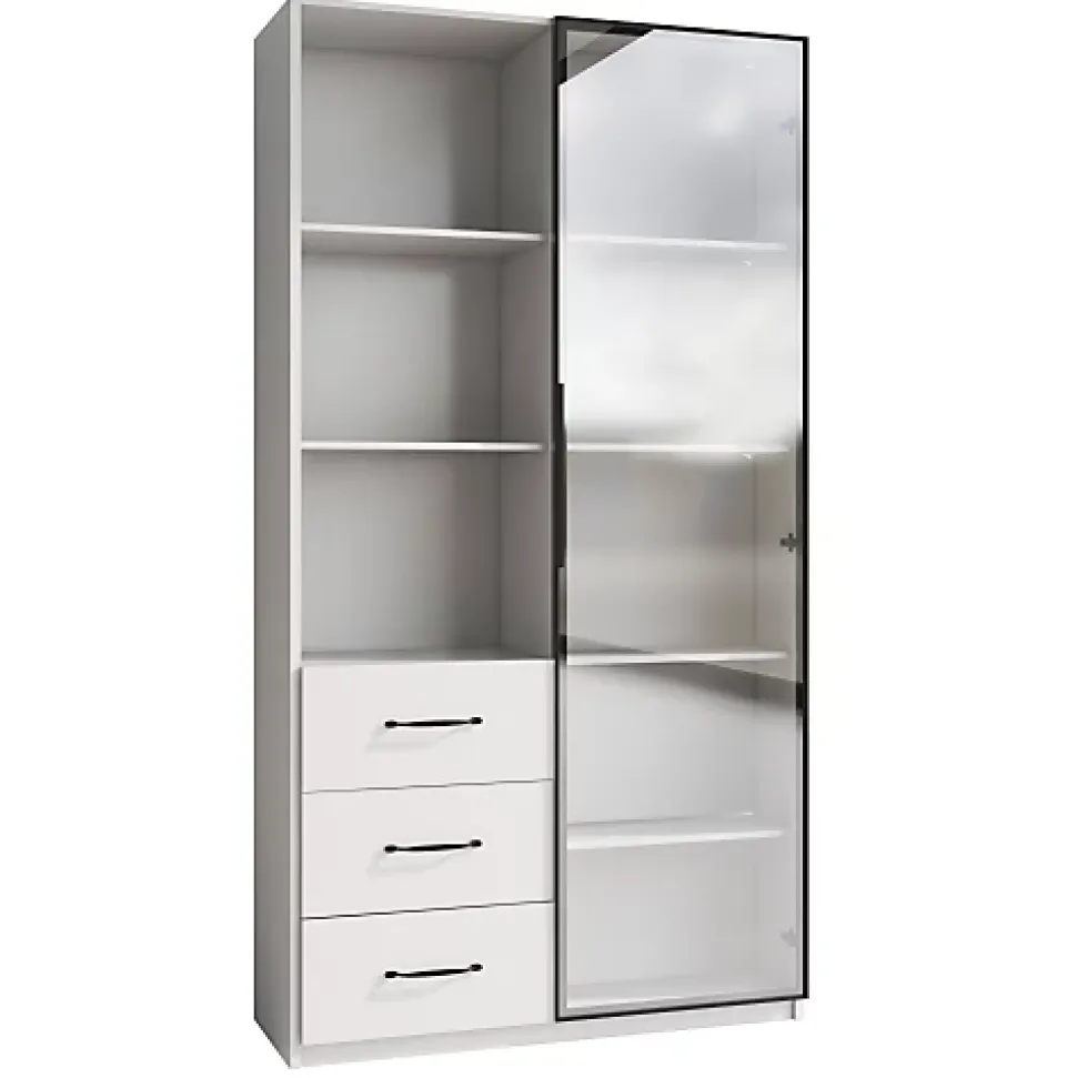 Vitrine avec éclairage LED - 1 porte en verre trempé - 3 tiroirs et 3 étagères ouvertes - Structure en aluminium - Blanc