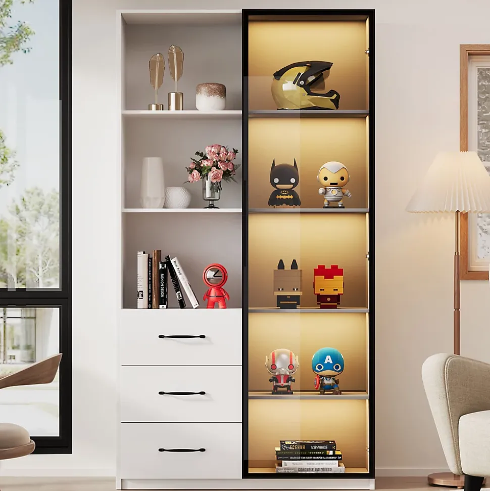 Vitrine avec éclairage LED - 1 porte en verre trempé - 3 tiroirs et 3 étagères ouvertes - Structure en aluminium - Blanc