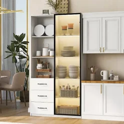 Vitrine avec éclairage LED - 1 porte en verre trempé - 3 tiroirs et 3 étagères ouvertes - Structure en aluminium - Blanc