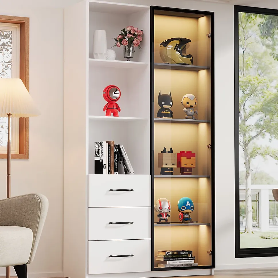 Vitrine avec éclairage LED - 1 porte en verre trempé - 3 tiroirs et 3 étagères ouvertes - Structure en aluminium - Blanc