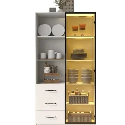 Vitrine avec éclairage LED - 1 porte en verre trempé - 3 tiroirs et 3 étagères ouvertes - Structure en aluminium - Blanc