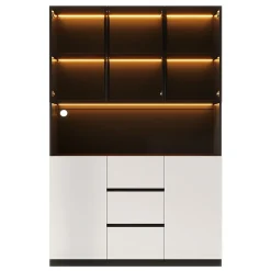 Vitrine avec éclairage LED - 120x40x200 cm - 3 tiroirs et 5 portes - Étagères ouvertes - MDF + verre - Blanc+noir