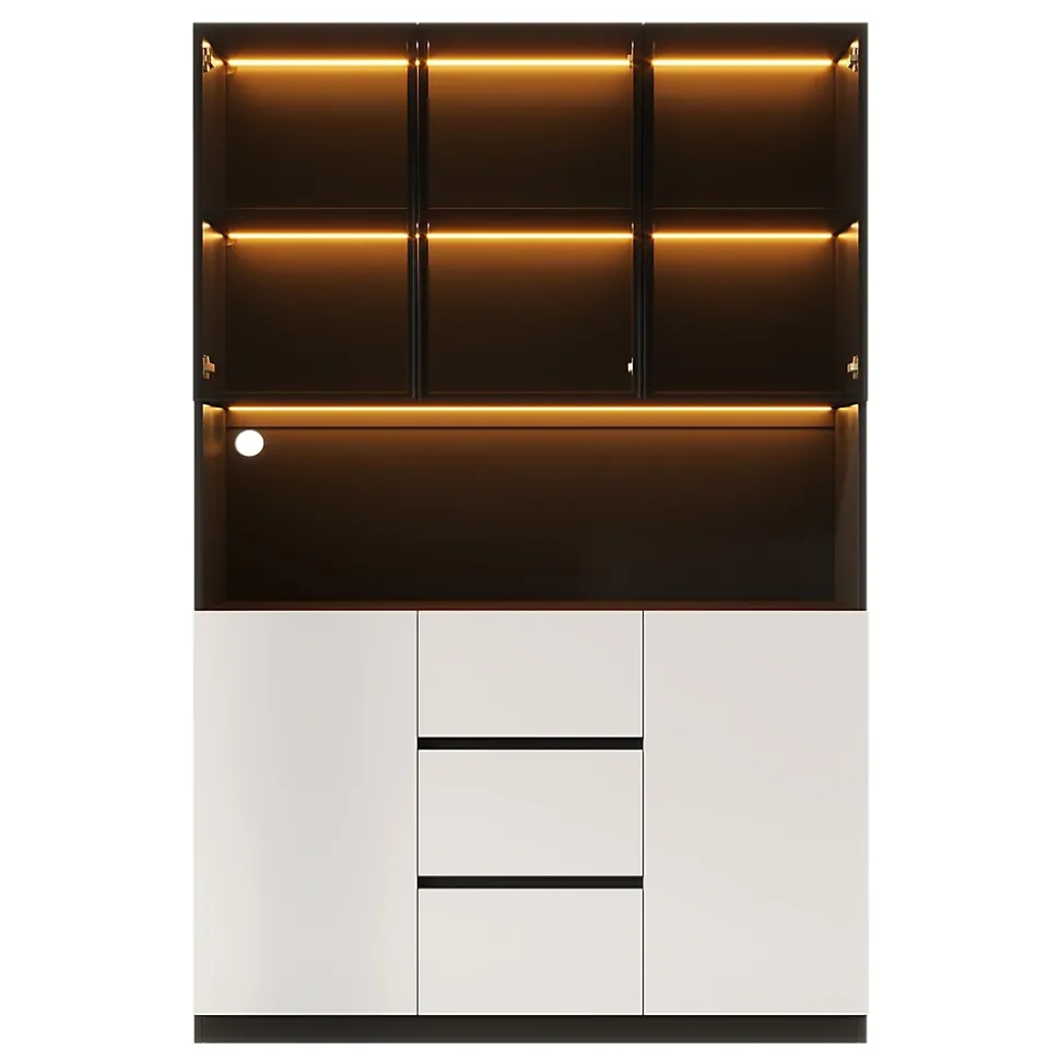 Vitrine avec éclairage LED - 120x40x200 cm - 3 tiroirs et 5 portes - Étagères ouvertes - MDF + verre - Blanc+noir