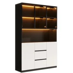 Vitrine avec éclairage LED - 120x40x200 cm - 3 tiroirs et 5 portes - Étagères ouvertes - MDF + verre - Blanc+noir