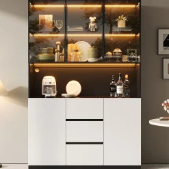 Vitrine avec éclairage LED - 120x40x200 cm - 3 tiroirs et 5 portes - Étagères ouvertes - MDF + verre - Blanc+noir