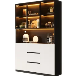 Vitrine avec éclairage LED - 120x40x200 cm - 3 tiroirs et 5 portes - Étagères ouvertes - MDF + verre - Blanc+noir