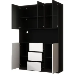 Vitrine avec éclairage LED - 120x40x200 cm - 3 tiroirs et 5 portes - Étagères ouvertes - MDF + verre - Blanc+noir