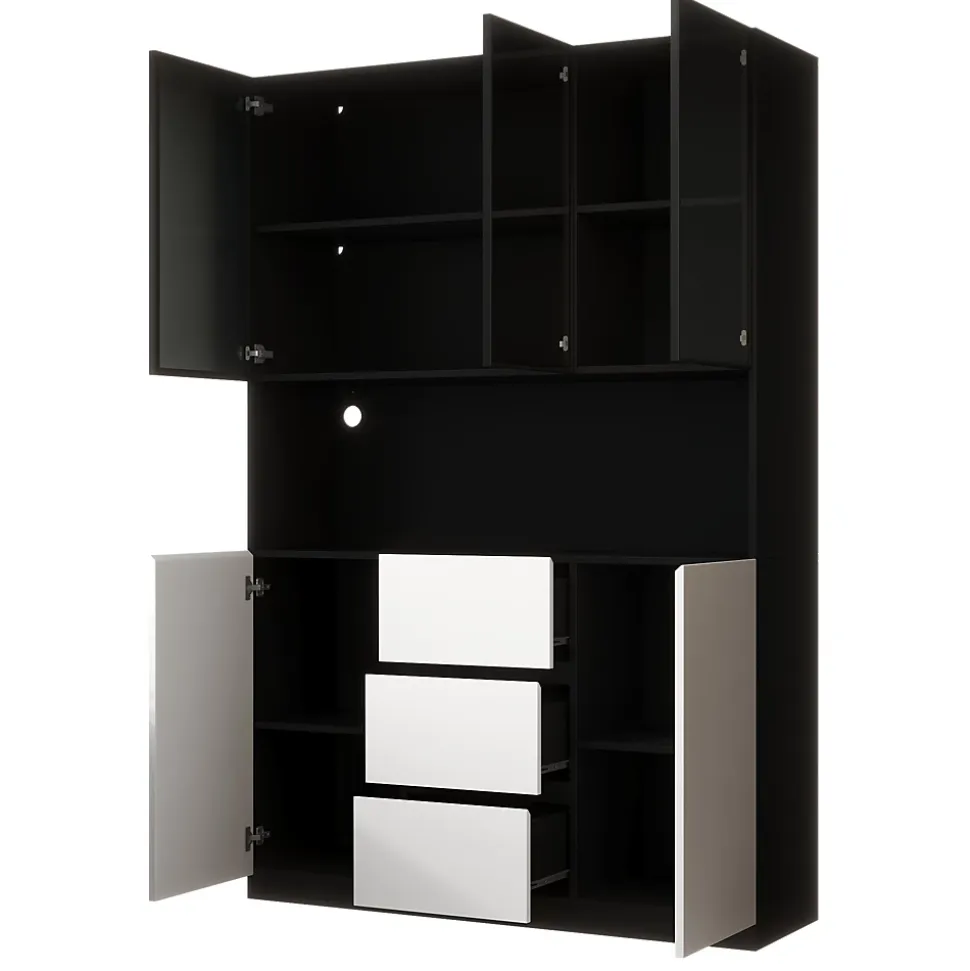 Vitrine avec éclairage LED - 120x40x200 cm - 3 tiroirs et 5 portes - Étagères ouvertes - MDF + verre - Blanc+noir