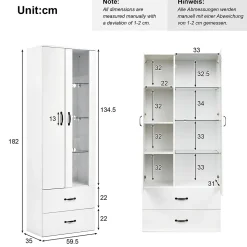 Vitrine avec Éclairage LED, 2 Portes Et 2 Tiroirs, Meuble de Rangement Haut Pour Salon ou Salle à Manger, Étagères Verre, Blanc