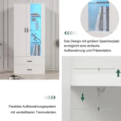 Vitrine avec Éclairage LED, 2 Portes Et 2 Tiroirs, Meuble de Rangement Haut Pour Salon ou Salle à Manger, Étagères Verre, Blanc