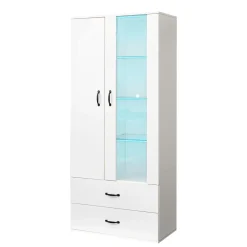 Vitrine avec Éclairage LED, 2 Portes Et 2 Tiroirs, Meuble de Rangement Haut Pour Salon ou Salle à Manger, Étagères Verre, Blanc