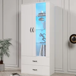 Vitrine avec Éclairage LED, 2 Portes Et 2 Tiroirs, Meuble de Rangement Haut Pour Salon ou Salle à Manger, Étagères Verre, Blanc