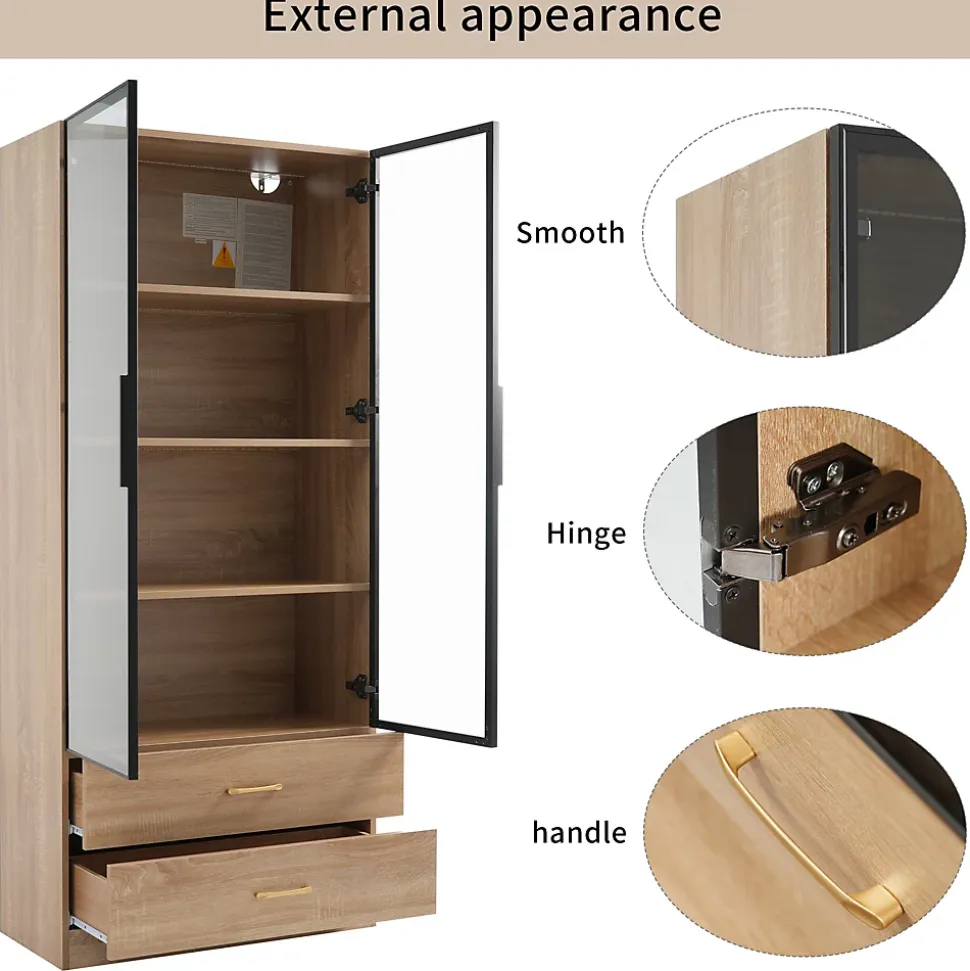 Vitrine avec Éclairage LED 2 Tiroirs, Porte en Verre, Meuble de Rangement Grande Capacité - Design Épuré 75x34,5x170 cm, Naturel