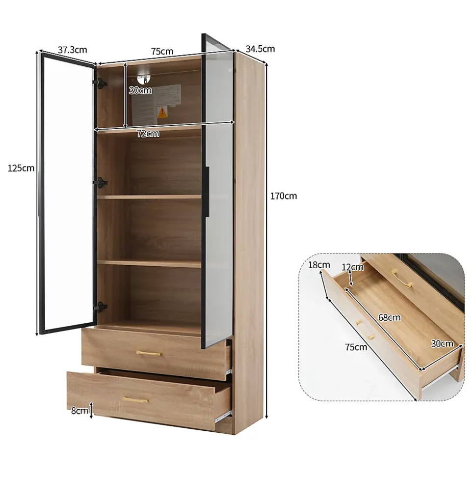 Vitrine avec Éclairage LED 2 Tiroirs, Porte en Verre, Meuble de Rangement Grande Capacité - Design Épuré 75x34,5x170 cm, Naturel