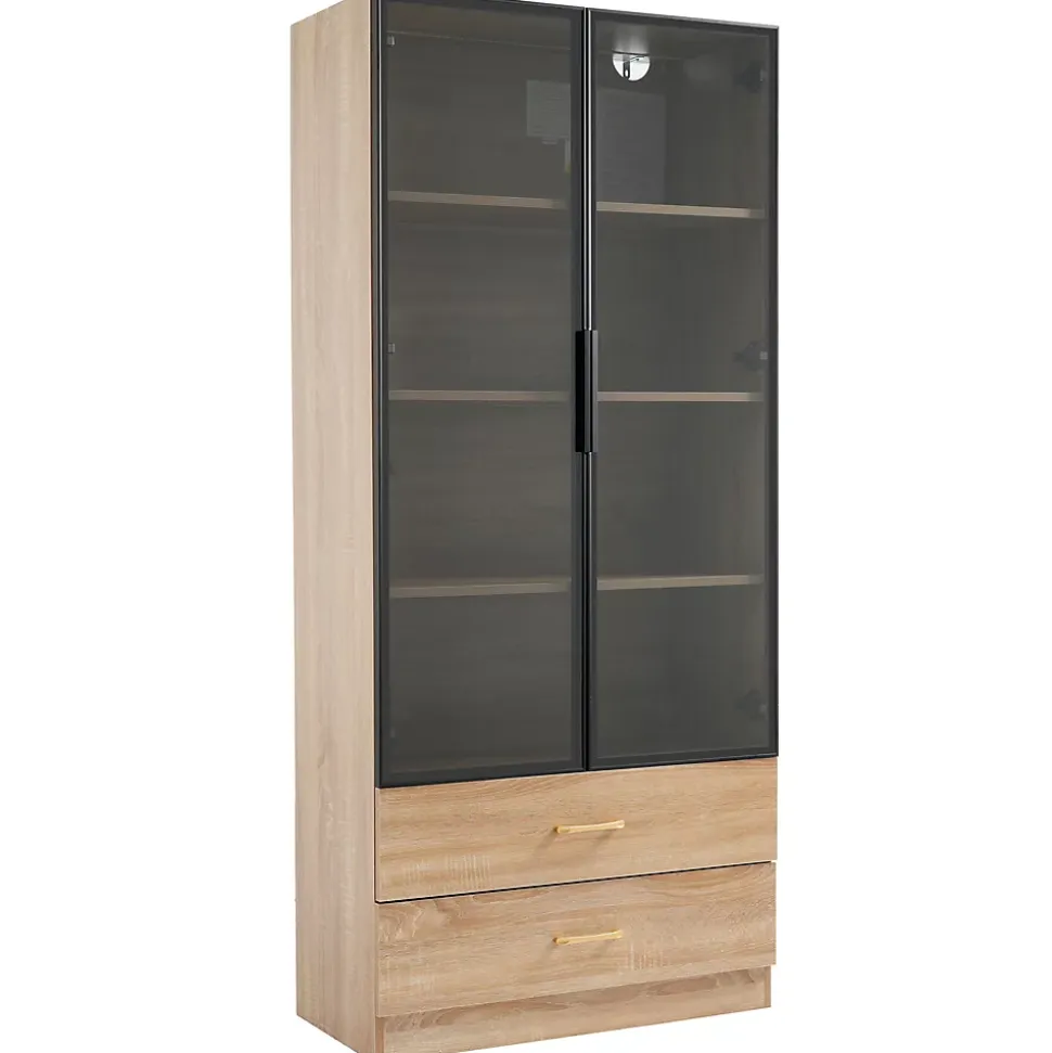 Vitrine avec Éclairage LED 2 Tiroirs, Porte en Verre, Meuble de Rangement Grande Capacité - Design Épuré 75x34,5x170 cm, Naturel