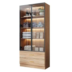 Vitrine avec Éclairage LED 2 Tiroirs, Porte en Verre, Meuble de Rangement Grande Capacité - Design Épuré 75x34,5x170 cm, Naturel