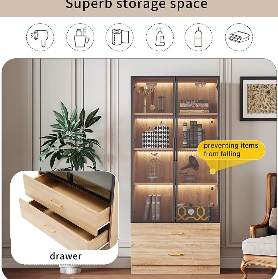 Vitrine avec Éclairage LED 2 Tiroirs, Porte en Verre, Meuble de Rangement Grande Capacité - Design Épuré 75x34,5x170 cm, Naturel