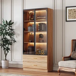 Vitrine avec Éclairage LED 2 Tiroirs, Porte en Verre, Meuble de Rangement Grande Capacité - Design Épuré 75x34,5x170 cm, Naturel