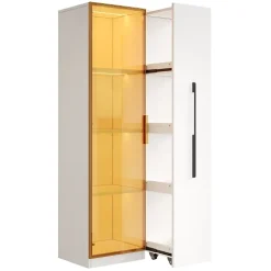 Vitrine avec LED 70x40x160 cm - 1 porte vitrée et 1 tiroir latéral coulissant - Roulettes - MDF+verre - Blanc