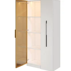 Vitrine avec LED 70x40x160 cm - 1 porte vitrée et 1 tiroir latéral coulissant - Roulettes - MDF+verre - Blanc