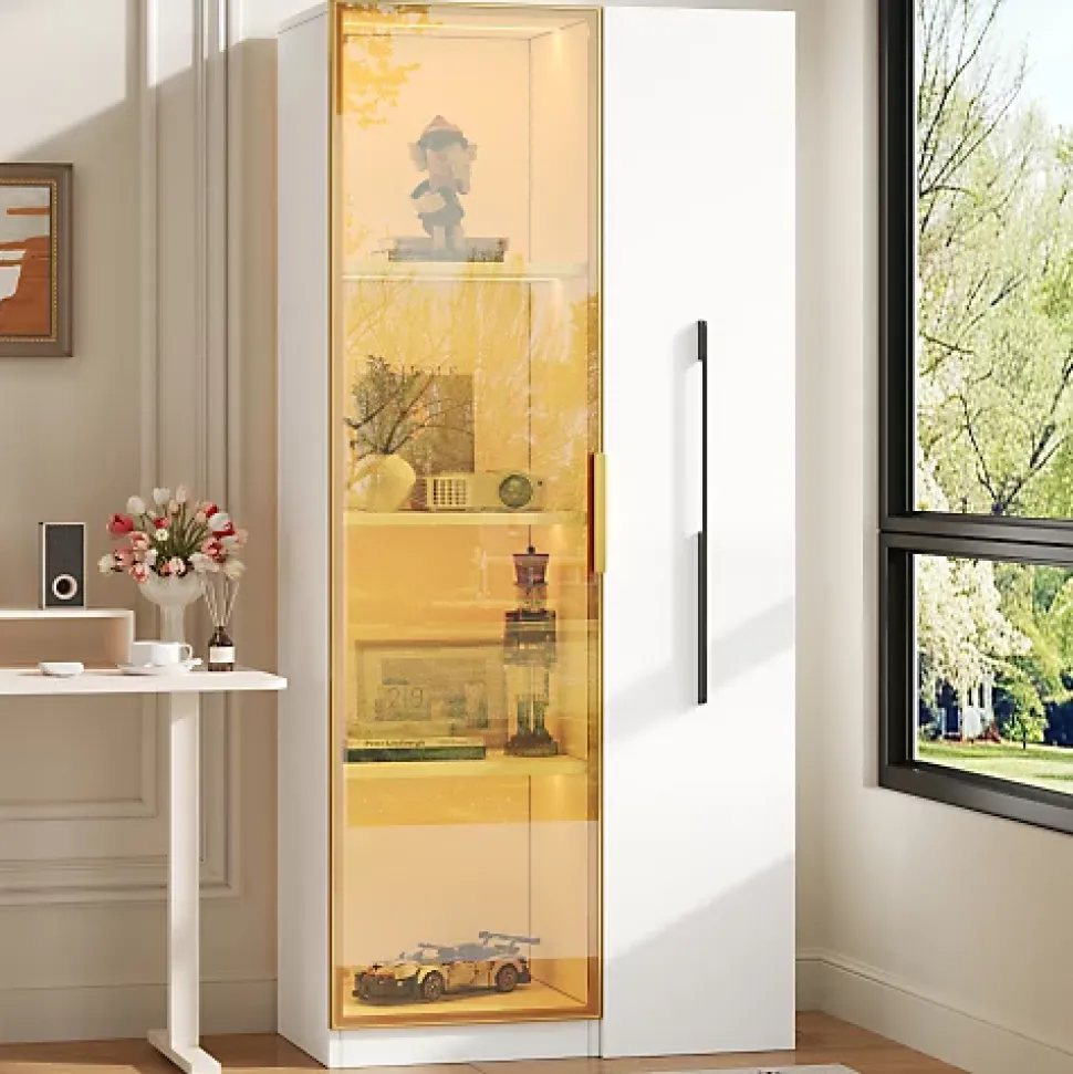 Vitrine avec LED 70x40x160 cm - 1 porte vitrée et 1 tiroir latéral coulissant - Roulettes - MDF+verre - Blanc