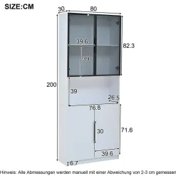 Vitrine avec Portes Vitrées et Éclairage LED Réglable, Meuble de Salon en Verre Trempé - 80x30x200 cm Blanc