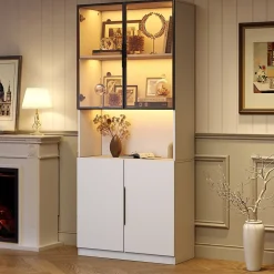 Vitrine avec Portes Vitrées et Éclairage LED Réglable, Meuble de Salon en Verre Trempé - 80x30x200 cm Blanc