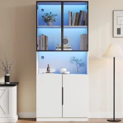Vitrine avec Portes Vitrées et Éclairage LED Réglable, Meuble de Salon en Verre Trempé - 80x30x200 cm Blanc