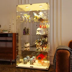 Vitrine bar en verre trempé avec porte double, 4 étagères éclairage LED, Meuble de rangement et d'exposition moderne blanc