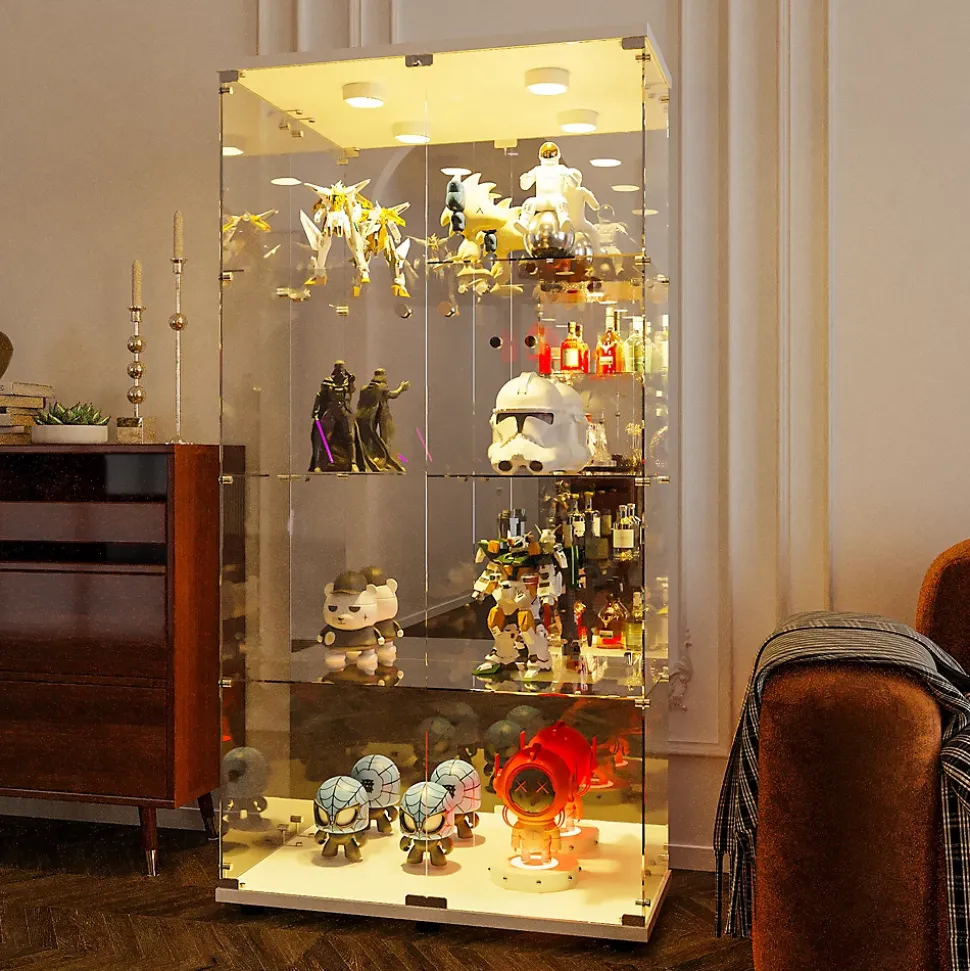 Vitrine bar en verre trempé avec porte double, 4 étagères éclairage LED, Meuble de rangement et d'exposition moderne blanc