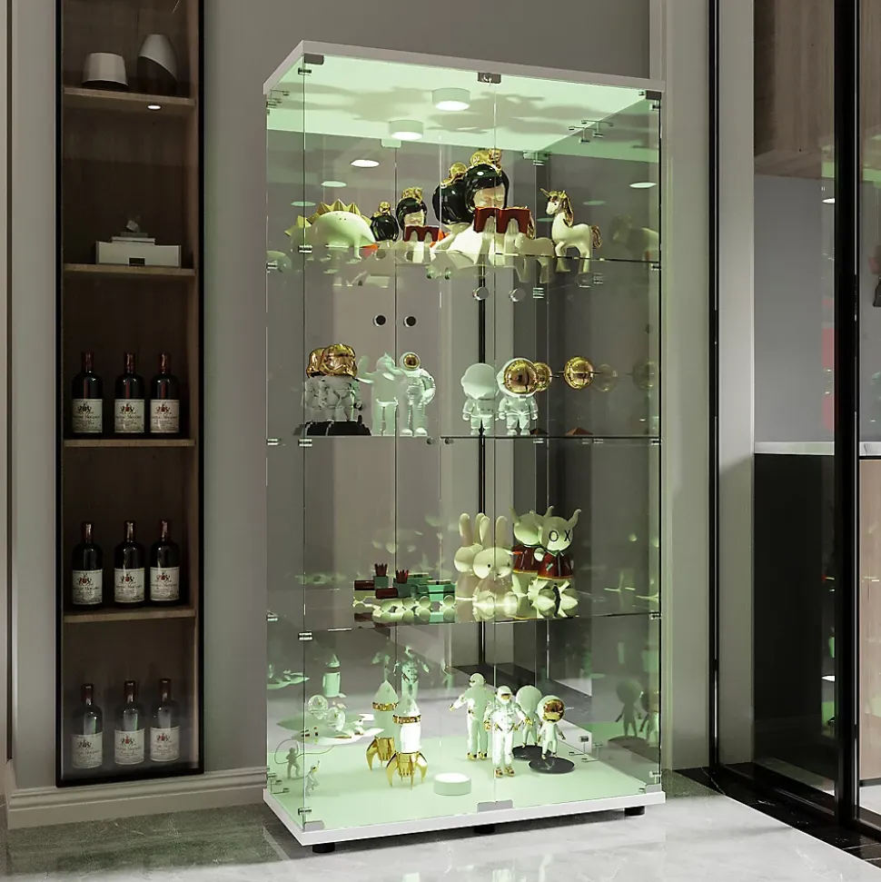 Vitrine bar en verre trempé avec porte double, 4 étagères éclairage LED, Meuble de rangement et d'exposition moderne blanc