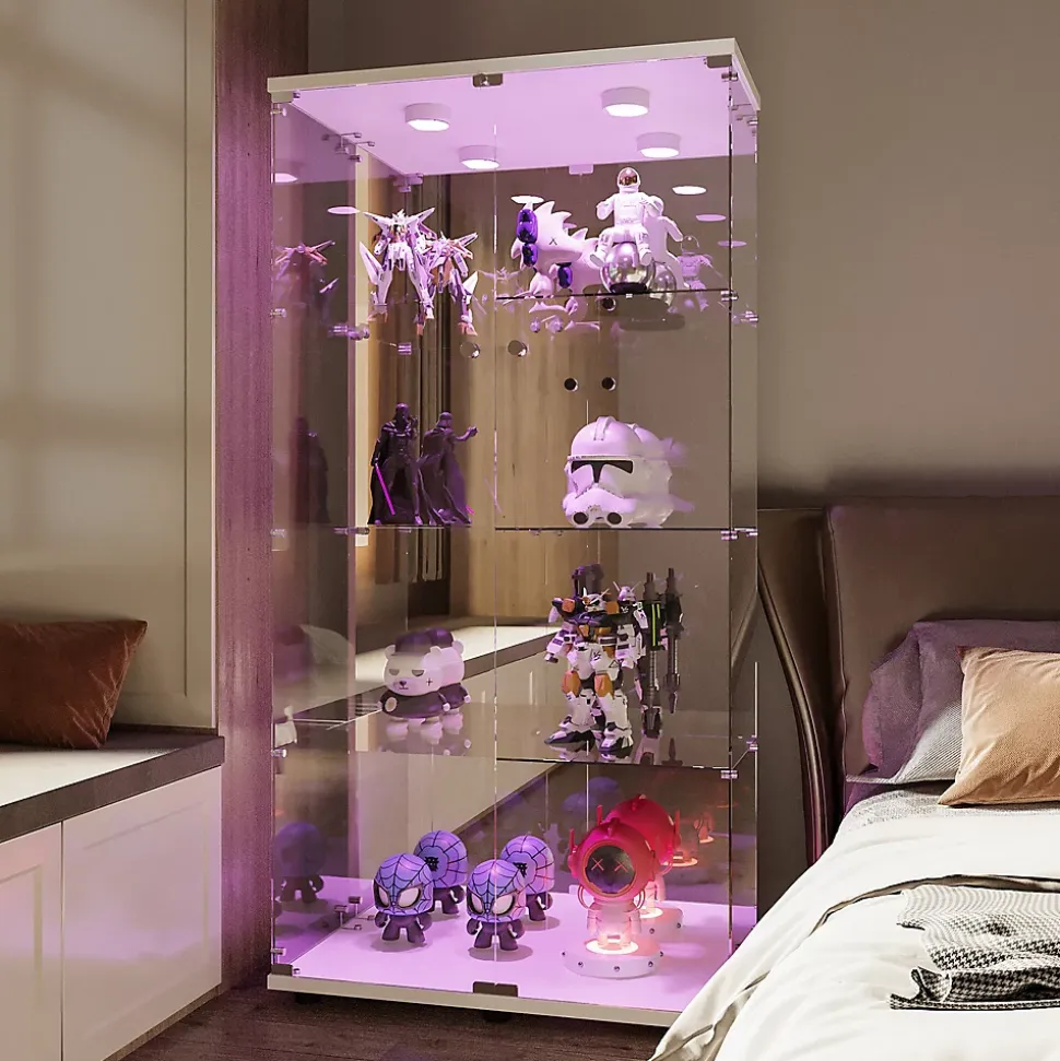 Vitrine bar en verre trempé avec porte double, 4 étagères éclairage LED, Meuble de rangement et d'exposition moderne blanc