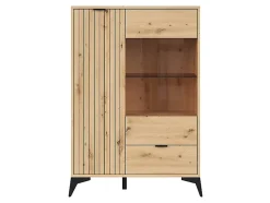 Vitrine basse à 2 portes et un tiroir,coloris Chêne artisan - Longueur 90 x Profondeur 41 x Hauteur 133 cm