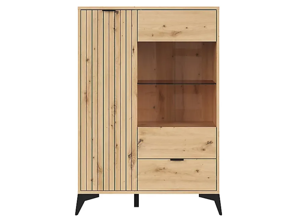Vitrine basse à 2 portes et un tiroir,coloris Chêne artisan - Longueur 90 x Profondeur 41 x Hauteur 133 cm