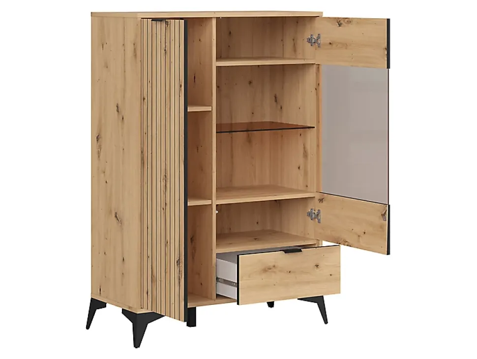 Vitrine basse à 2 portes et un tiroir,coloris Chêne artisan - Longueur 90 x Profondeur 41 x Hauteur 133 cm