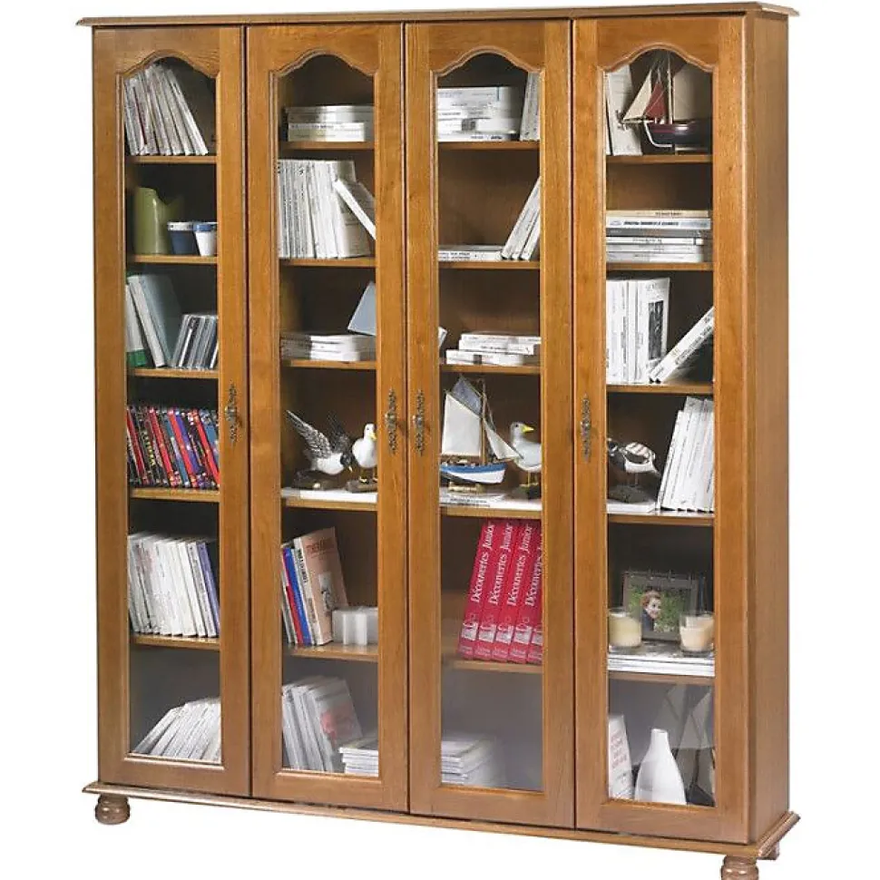 Vitrine Bibliothèque Chêne 4 Portes Vitrées 18 Niches L 158.8 H 182.2 P 33 cm - L 158.8 x l 33 x H 182.2 cm