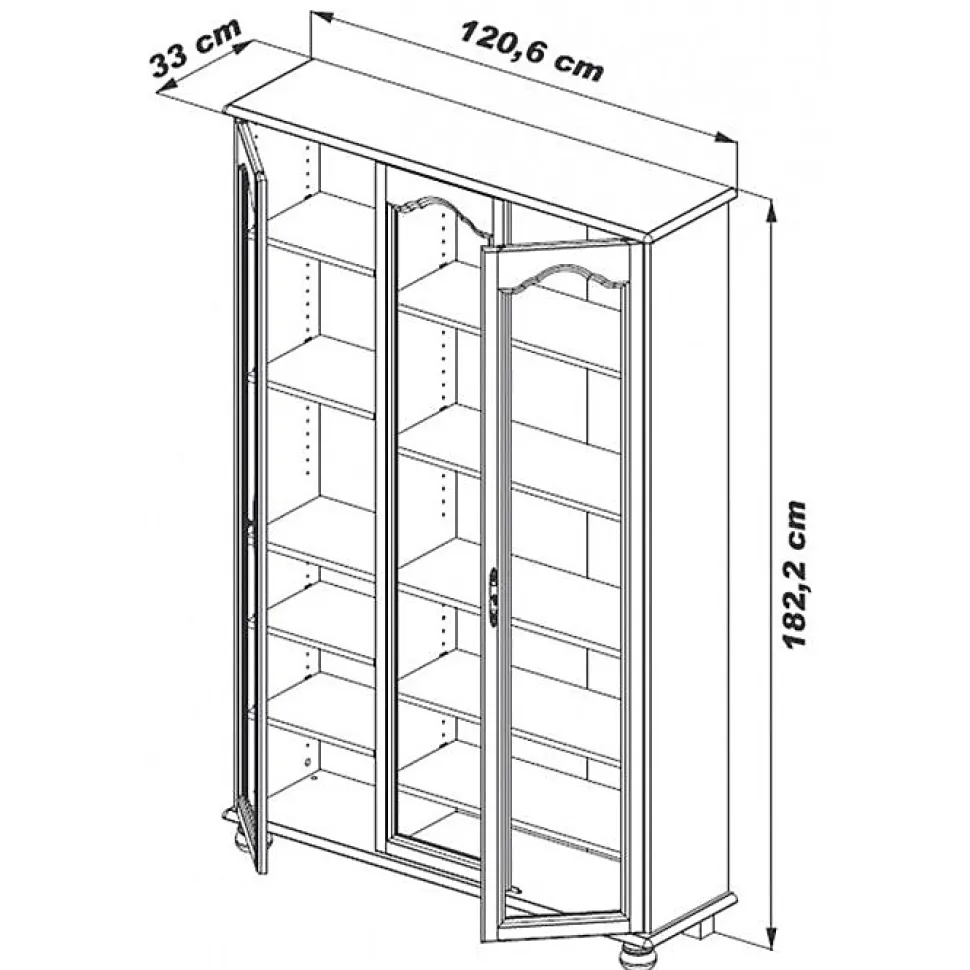 Vitrine Bibliothèque Chêne 3 Portes Vitrées 12 Niches L 120.6 H 182.2 P 33 cm - L 120.6 x l 33 x H 182.2 cm