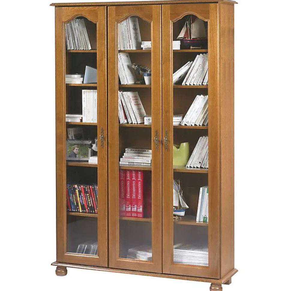 Vitrine Bibliothèque Chêne 3 Portes Vitrées 12 Niches L 120.6 H 182.2 P 33 cm - L 120.6 x l 33 x H 182.2 cm