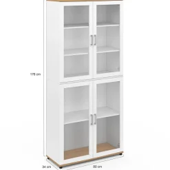 Vitrine buffet haut H. 176 cm vaisselier VITO 4 portes vitrées blanc et bois