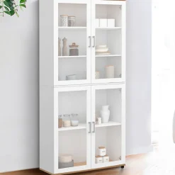 Vitrine buffet haut H. 176 cm vaisselier VITO 4 portes vitrées blanc et bois