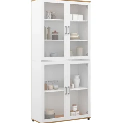 Vitrine buffet haut H. 176 cm vaisselier VITO 4 portes vitrées blanc et bois