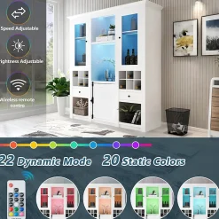 Vitrine Éclairage LED 16 Couleurs, Porte en Acrylique, Casier à Vin et Tiroir, Meuble de Rangement Salon, MDF, Blanc 143x46x170 cm