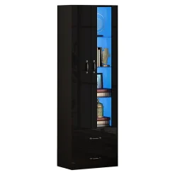 Vitrine éclairée LED avec 2 portes transparentes sur pied, noir