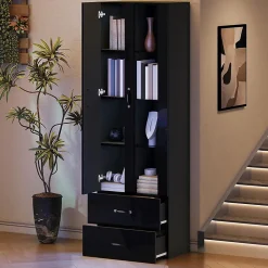 Vitrine éclairée LED avec 2 portes transparentes sur pied, noir