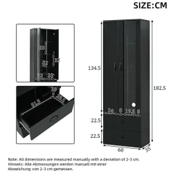 Vitrine éclairée LED avec 2 portes transparentes sur pied, noir